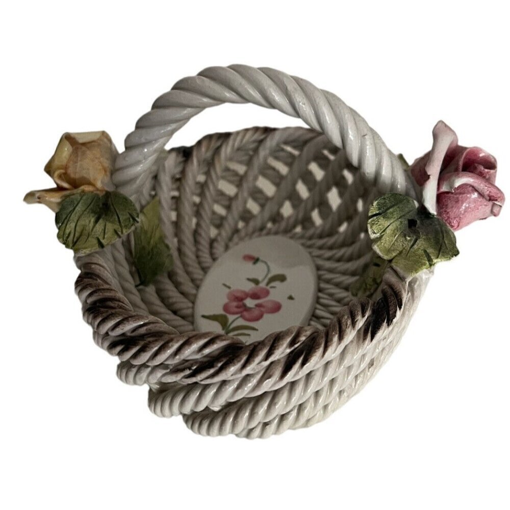 Antique Vintage Capodimonte Porcelain Flower Roses Small Basket - Made in ITALY